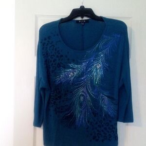 BLEU Teal Top  Peacock Feather Design